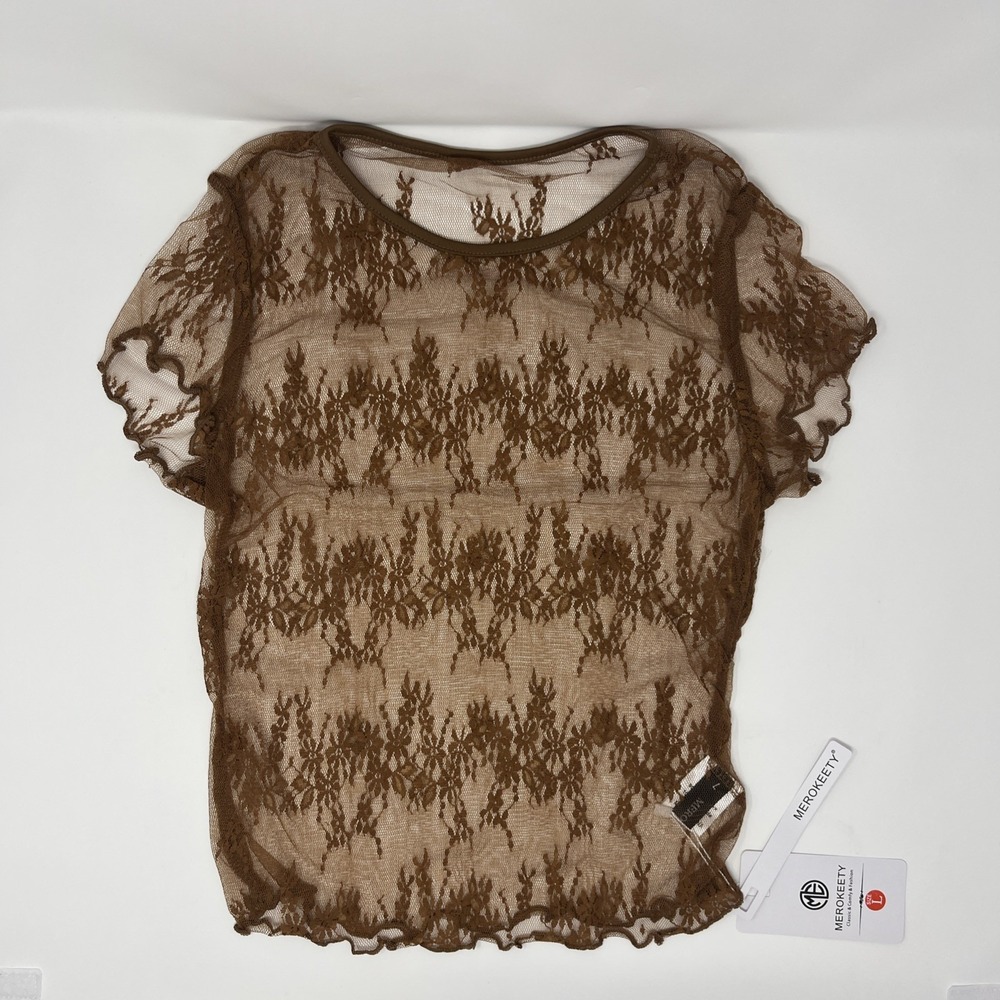 Merokeety Size‎ Large Short Sleeve Lace Tee, Brown